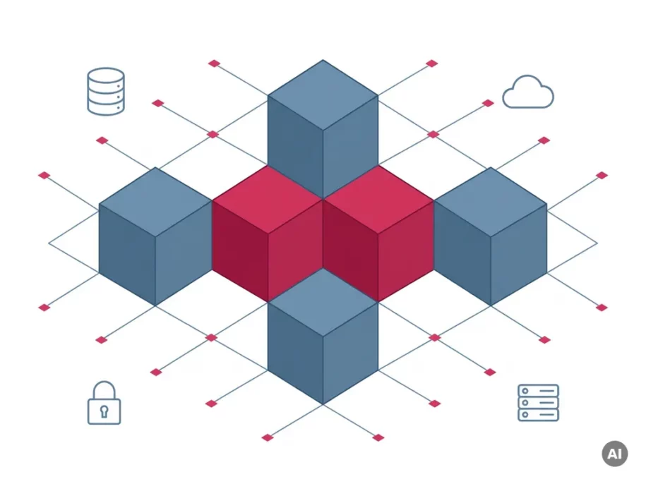 Steel-blue isometric hexagonal prisms in a plus formation with crimson-pink accents, surrounded by floating database, cloud, padlock, and server icons.