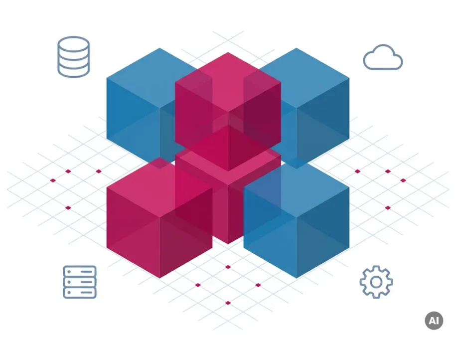 Isometric cluster of steel-blue and crimson hexagonal prisms on a pale grid with floating database, cloud, server, and gear icons.