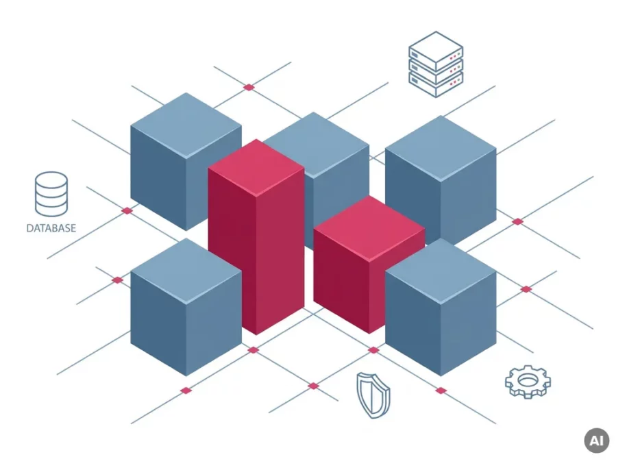Steel-blue isometric hexagonal prisms in a plus formation, two central cubes highlighted in crimson-pink, with floating database, server, shield, and gear icons.