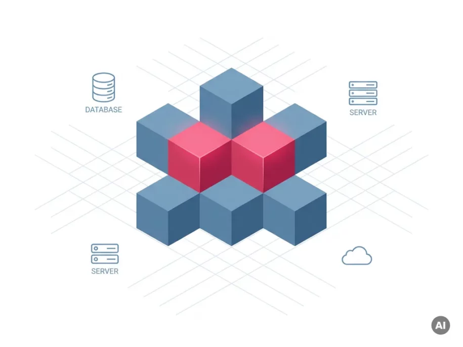 Isometric cluster of steel-blue hexagonal prisms in a cross formation with two glowing crimson-pink accent cubes at the center, surrounded by floating database and cloud icons.