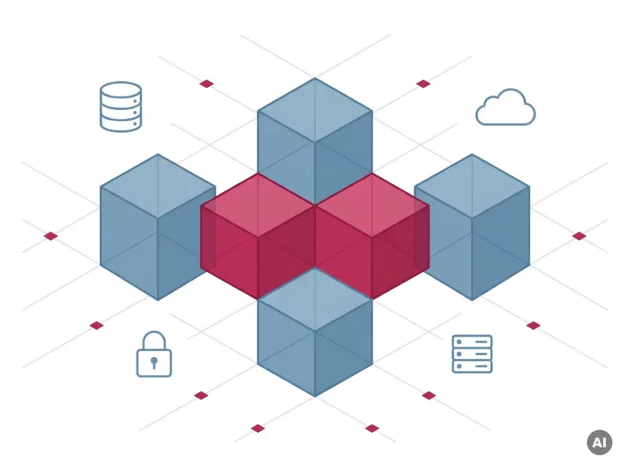 Isometric cluster of steel-blue hexagonal prisms in a plus formation with two crimson-pink accent cubes and floating data security icons.