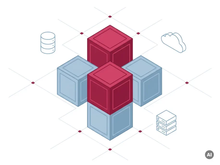 Isometric hexagonal cube cluster in plus formation with crimson and steel-blue prisms, floating database and cloud icons, on white background.