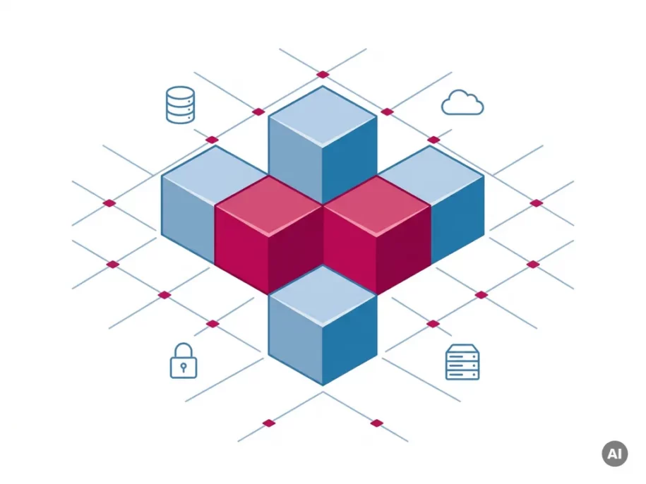 Steel-blue isometric hexagonal prisms in a plus formation with crimson-pink accents, surrounded by floating database, cloud, padlock, and server icons.