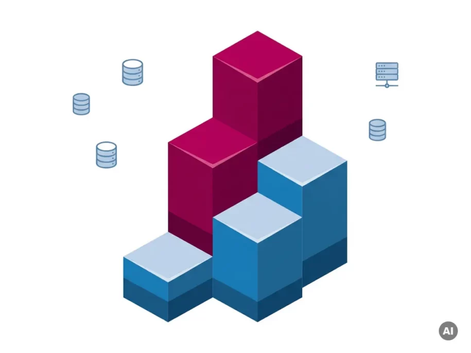 Five isometric hexagonal prisms in ascending tiers, steel-blue base columns rising to a crimson-pink apex, with floating database and server icons.