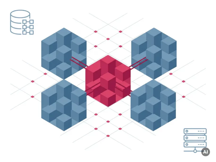 Five isometric hexagonal cubes in a plus formation, central crimson cube connected to four steel-blue cubes, representing event propagation in a modular data platform.