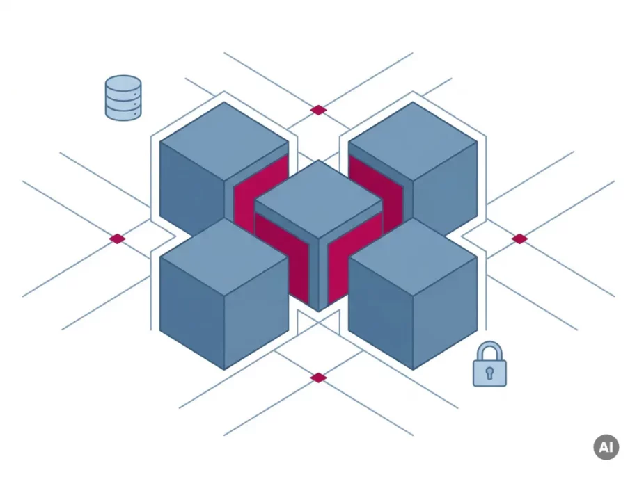 Isometric steel-blue hexagonal prisms in a cross formation with two crimson-pink accent cubes, floating database and padlock icons, clean vector tech illustration.
