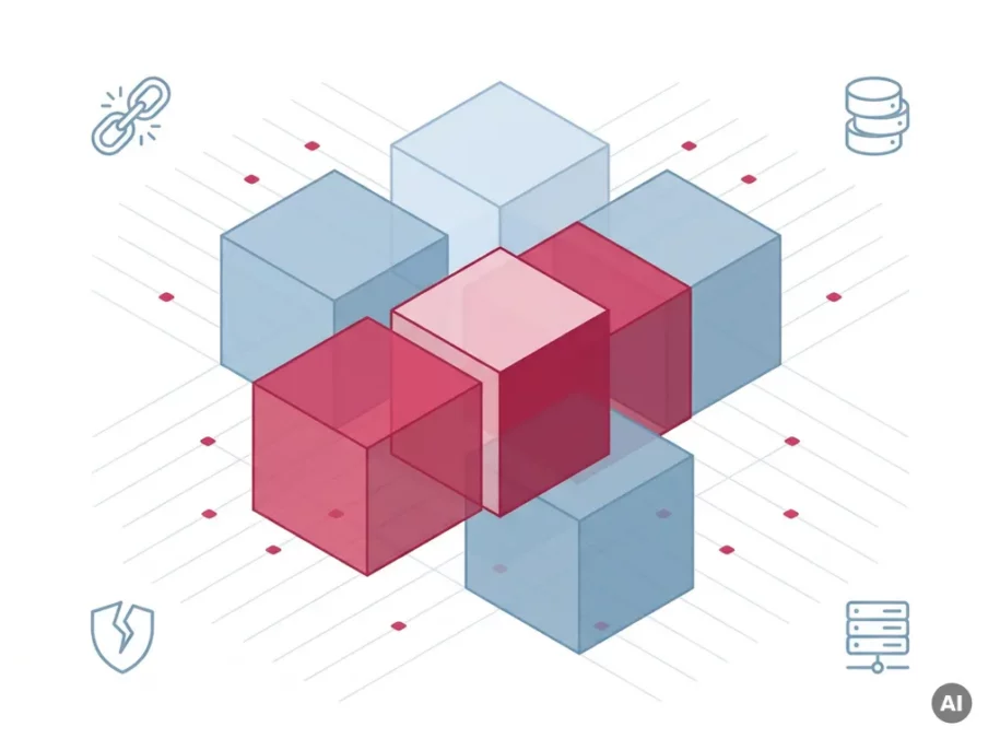 Isometric hexagonal prisms in crimson and steel-blue cross formation with broken chain, cracked shield, and disconnected server icons on white background.