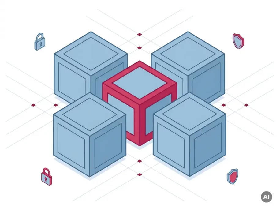 Isometric hexagonal cube cluster in cross formation with central crimson prism, steel-blue surrounding cubes, and floating padlock and shield icons.