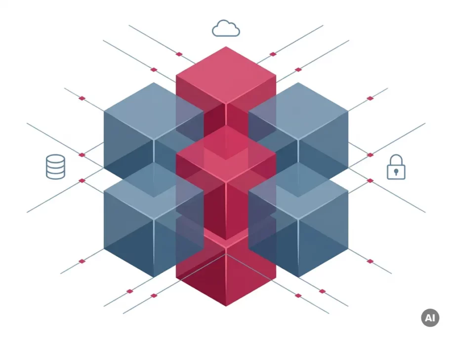 Isometric cluster of steel-blue hexagonal prisms in a plus formation with two crimson-pink center cubes, floating database, cloud, and padlock icons.