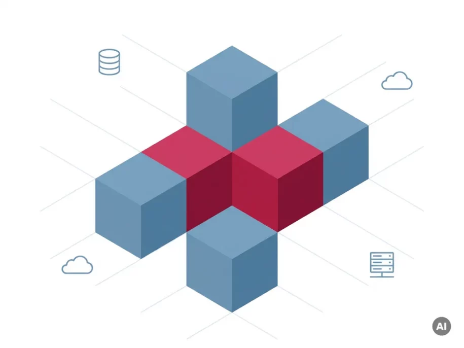 Isometric cluster of steel-blue hexagonal prisms in a plus formation with crimson-accented central cubes and floating database, cloud, and server icons.