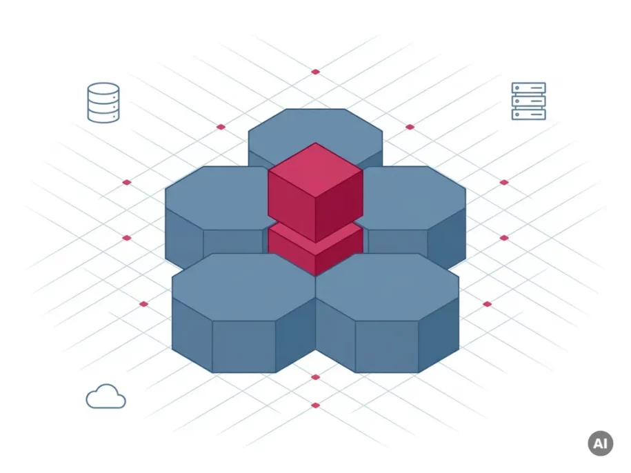 Isometric steel-blue hexagonal prisms in a cross formation with crimson-pink accents, surrounded by floating database, server, and cloud icons.